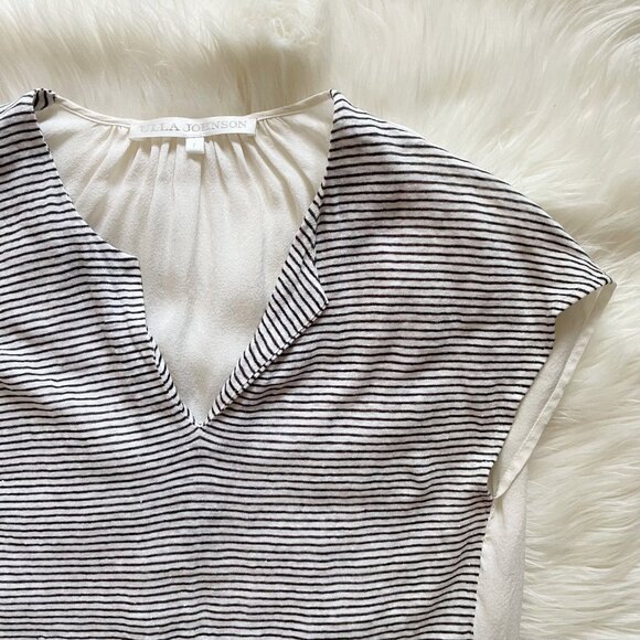 Ulla Johnson White Black Gray Stripe Sheer V-Neck Short Sleeve Blouse - Picture 2 of 5